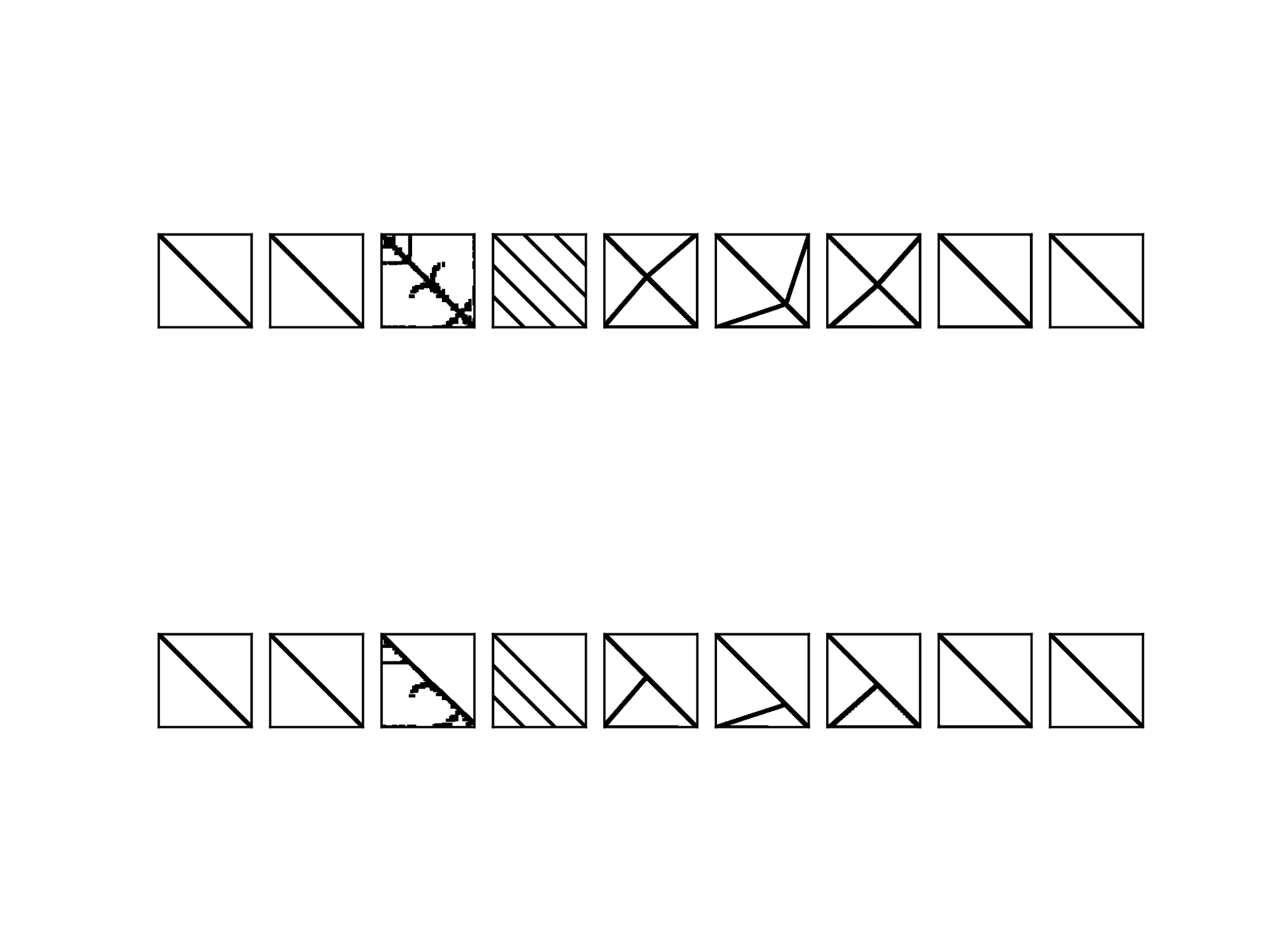 Sparsity patterns for one OPF instance and for various
 COPS problems. The first row displays the sparsity pattern
 of K_) , after AMD reordering. The second row displays
 the sparsity pattern of K_) after Metis reordering.