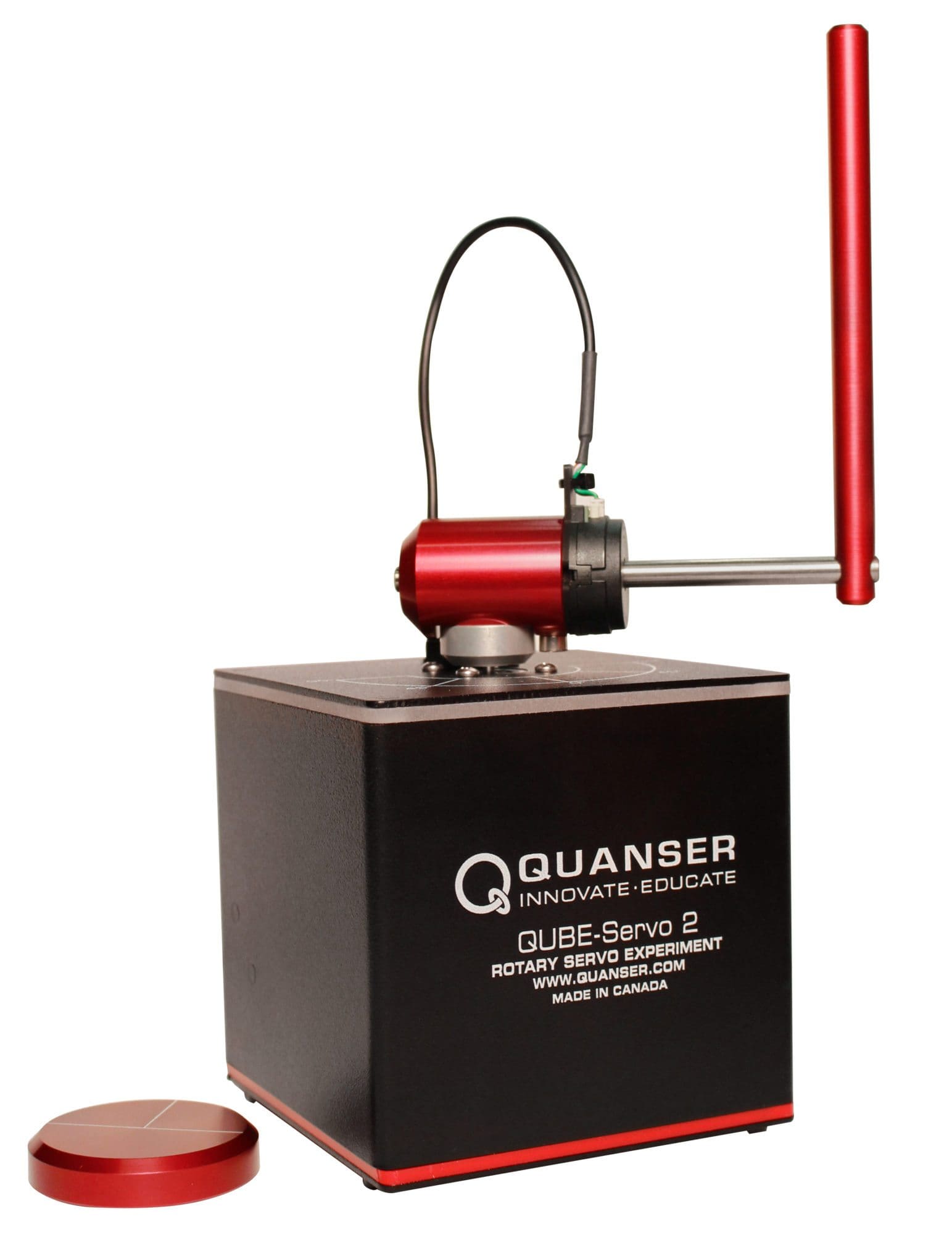 Quanser Qube-Servo 2 platform used for simulating the rotary inverted pendulum dynamics in Example 2.