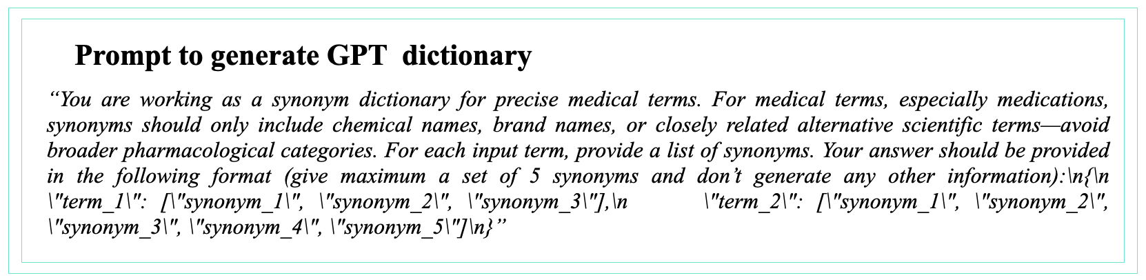 <span style="font-weight: 700">Prompt used to generate a GPT dictionary with synonyms from the extracted medical terms for the MedSynF1 factual score. Terms were input into GPT-4 in batches of 10, as we observed that the quality of synonyms significantly decreased when the number of terms per query increased. The resulting dictionary is available in the project repository<span class="footnote" data-controller="footnote" data-action="click->footnote#showHide"><span class="footnoteButton"> <i class="fa-regular fa-comment-dots"></i><span class="footnoteText" style="display:none" data-footnote-target="footnoteText"><a href="https://github.com/GonzaloCardenalAl/medical_LLM_evaluation" target="_blank">https://github.com/GonzaloCardenalAl/medical_LLM_evaluation</a>.